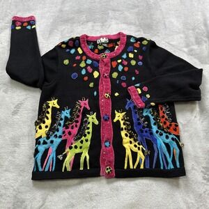 Berek by Takako Sakon VTG Sweater Cardigan Button Size Medium Colorful Giraffe